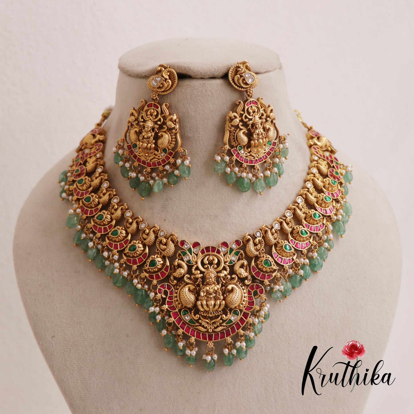 Premium Antique Lakshmi Nagas Jadau Necklace With Pastel Green Beads NC2555 (Available In 2 Colors)