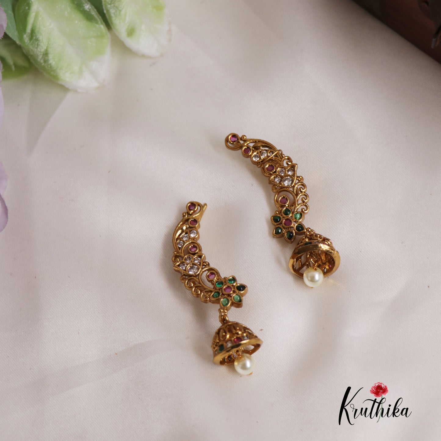 Gorgeous Floral Ear Climbers with Pearl Drop Jhumkas E777 (Available In 2 Colours)