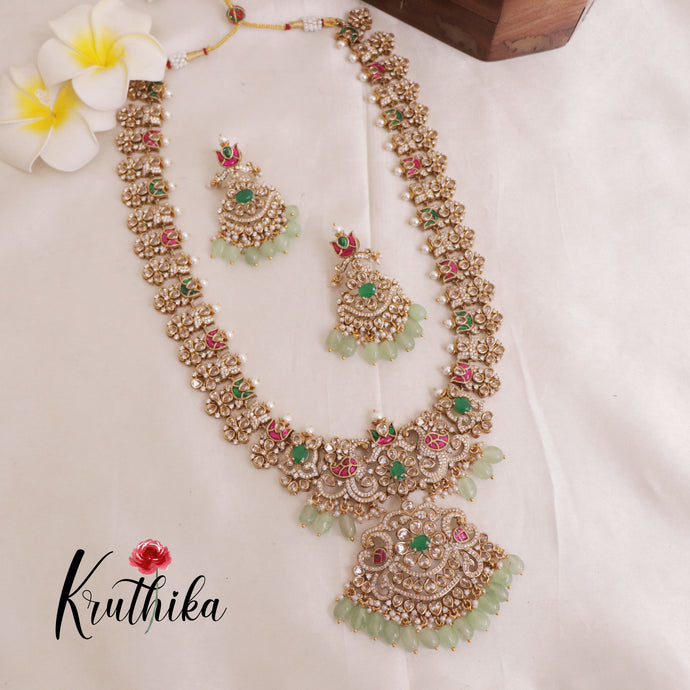 Elegant Victorian jadau Haaram with pastel green beads LH1861