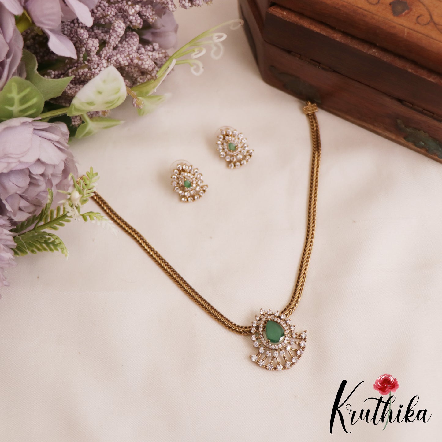 Pretty Teardrop Motifs AD Pendant Chain Set NC2808 (Available In 2 Colors)