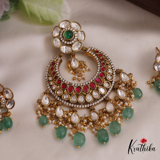 Gorgeous Floral Kundan Jadau Pendant Set With Green Bead Drops PS269
