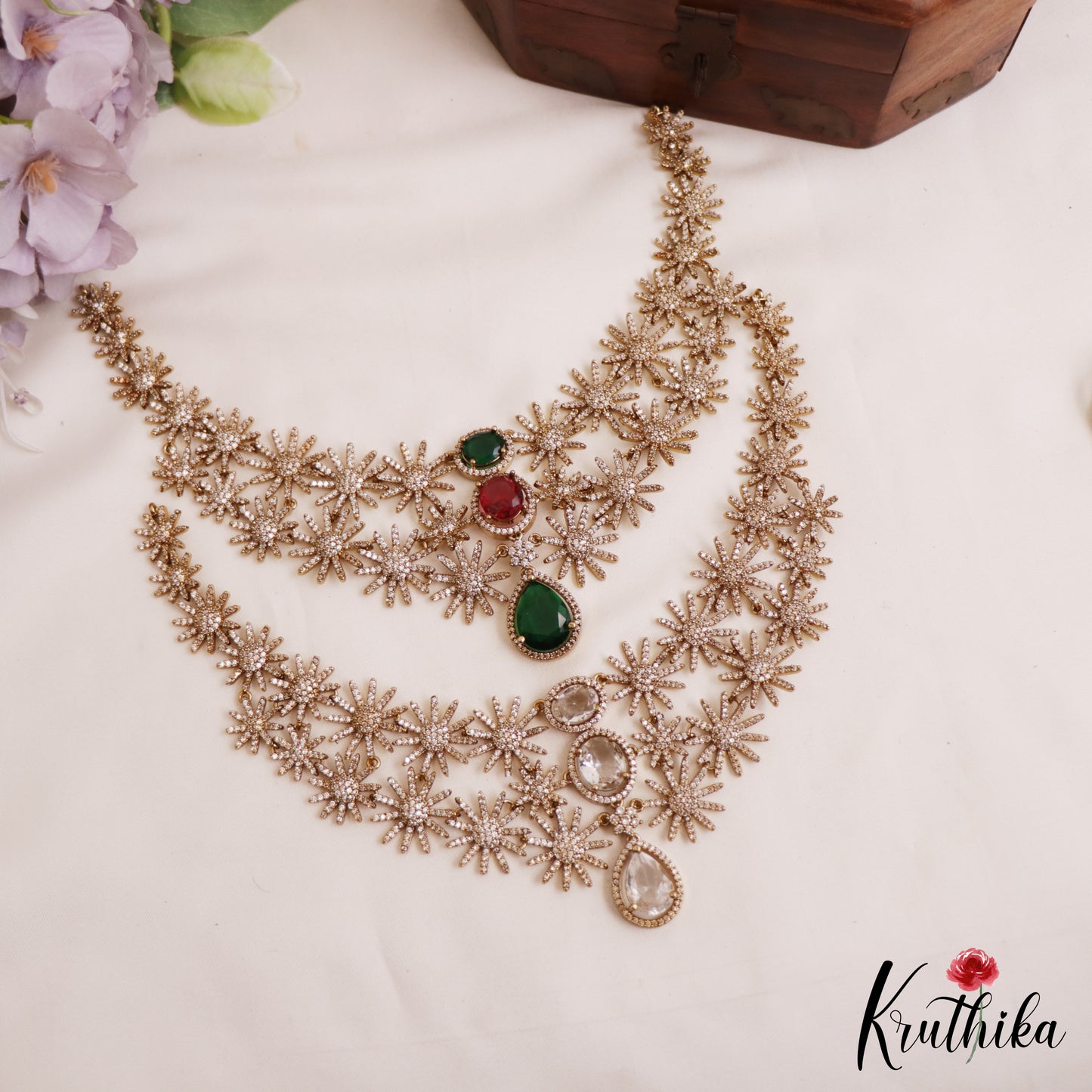 Beautiful Floral Motifs Diamond-Finish Gold-Tone AD Necklace NC2779 (Available In 2 Colors)