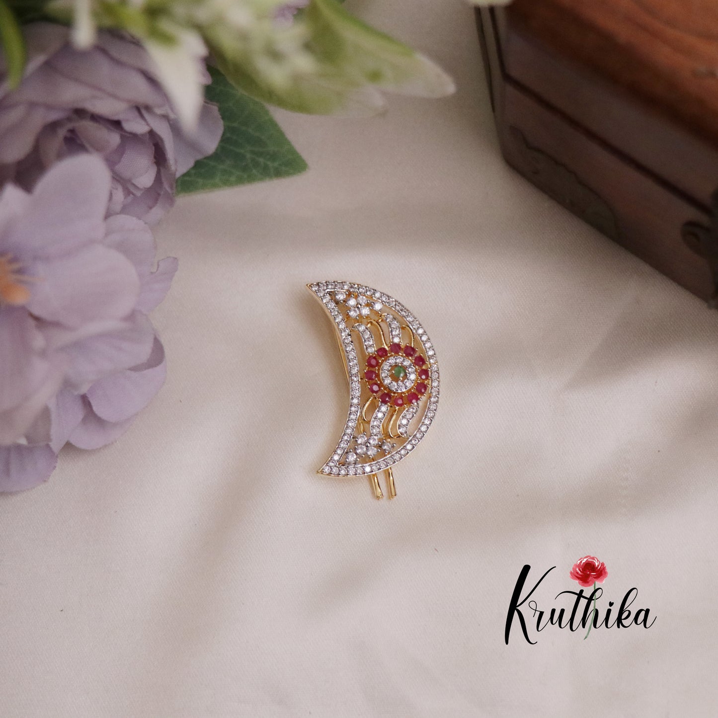 Simple Trendy CZ Sparkling Multi Stone Chandra Surya Hair Ornaments J199