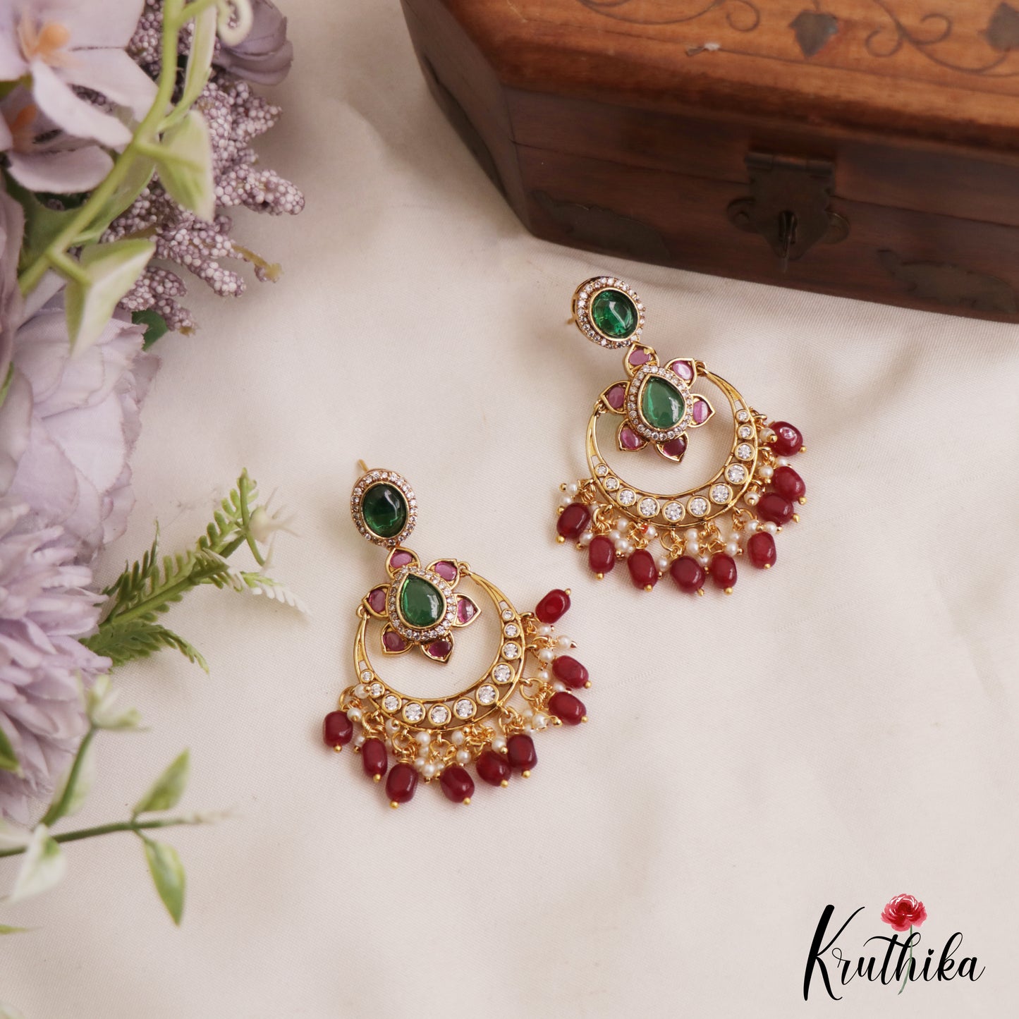Trendy Floral Motifs Chandbali Earrings With Bead Drops E1093 (Available In 2 Colors)