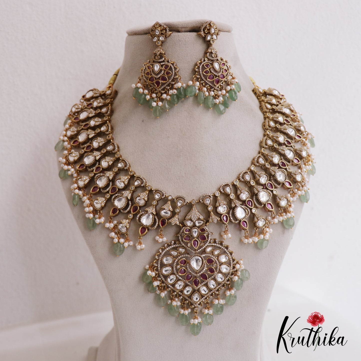 Gorgeous AD Teardrop Motifs Kemp Necklace With Green Bead Drops NC2726