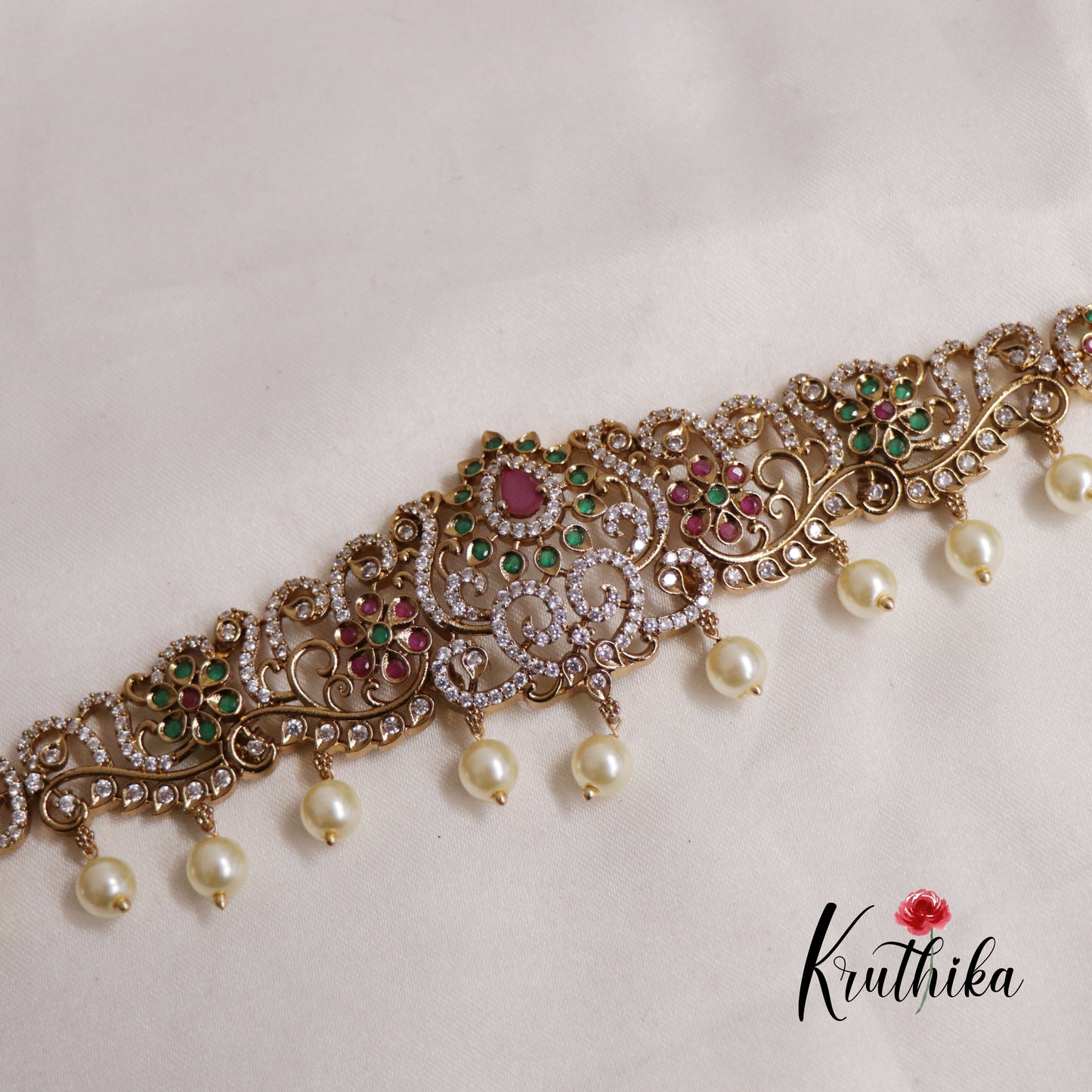 Stunning CZ And Kemp Floral Leaf Motifs Hip Chain with Pearl Drops V309