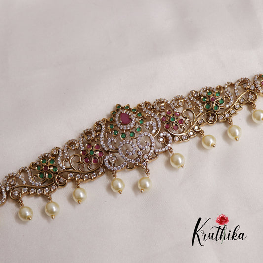 Stunning CZ And Kemp Floral Leaf Motifs Hip Chain with Pearl Drops V309