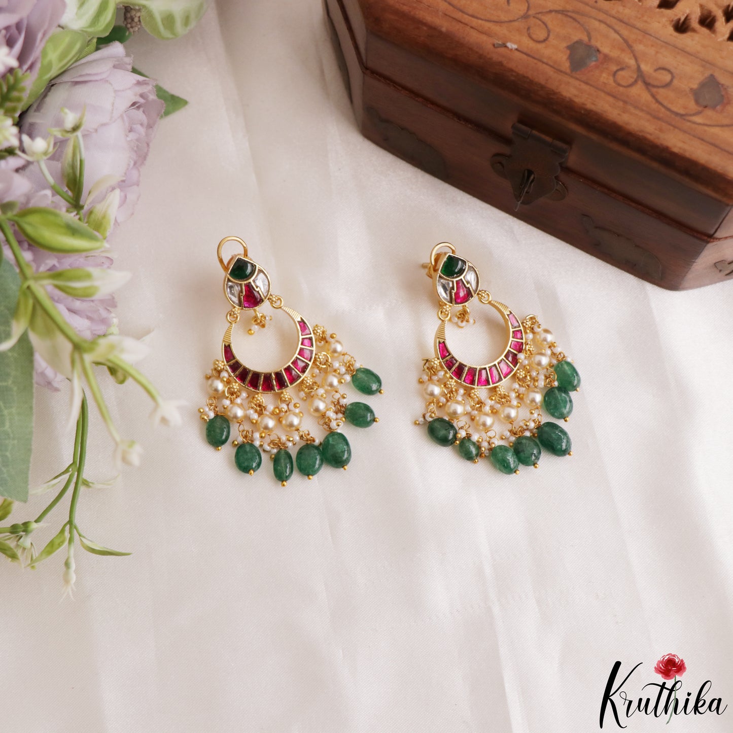 Trendy Teardrop Chandbali Jadau Earrings With Green Bead Drops E1220