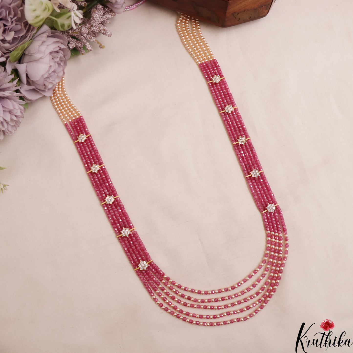 Sparkling Multi Layered crystal & Pearl statement Haaram with floral accents LH2081 (Available In 16 Colors)