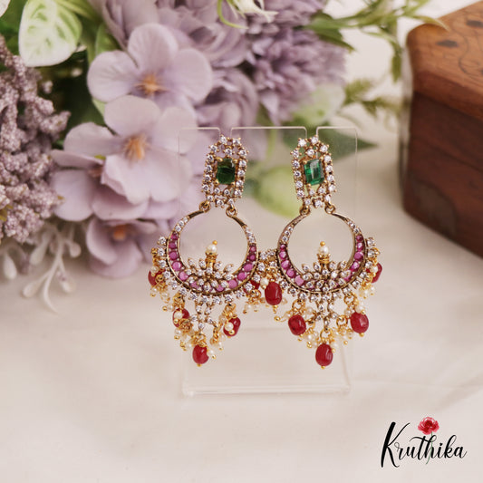 Sparkling Leaf Motifs Chandbali Kemp Earrings With Bead Drops E995 (Available In 2 Colors)