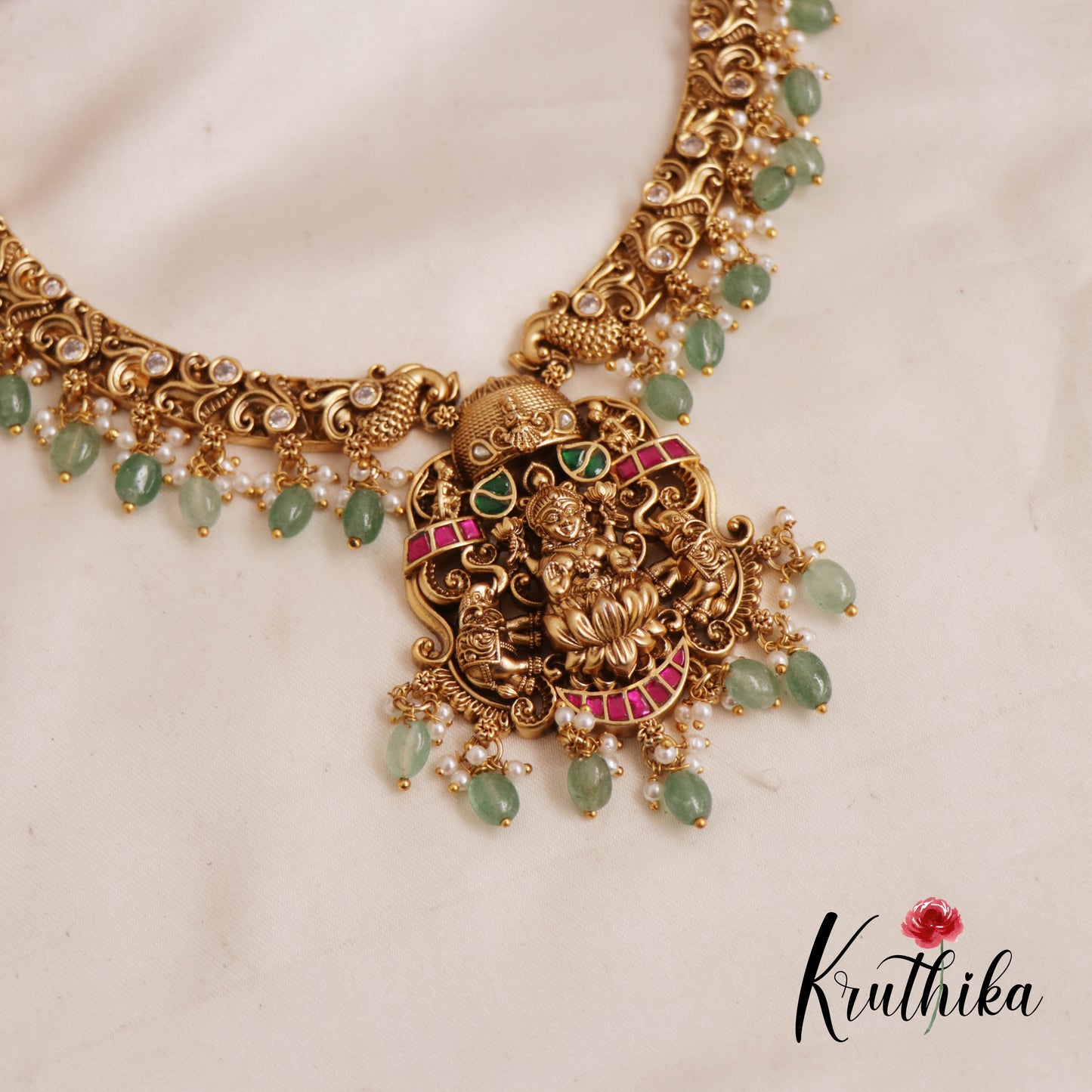 Premium Antique Lakshmi Nagas Jadau Necklace With Pastel Green Beads NC2554