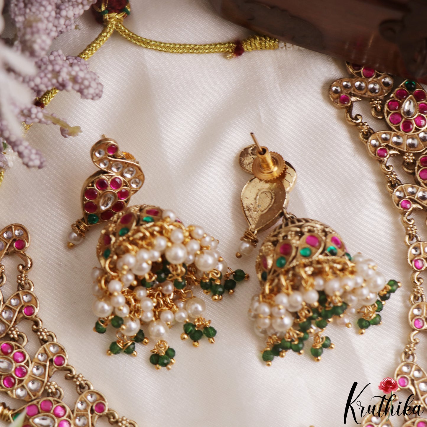 Gorgeous Floral Peacock Motifs Jadau Necklace With Pearl Bead Drops NC3171