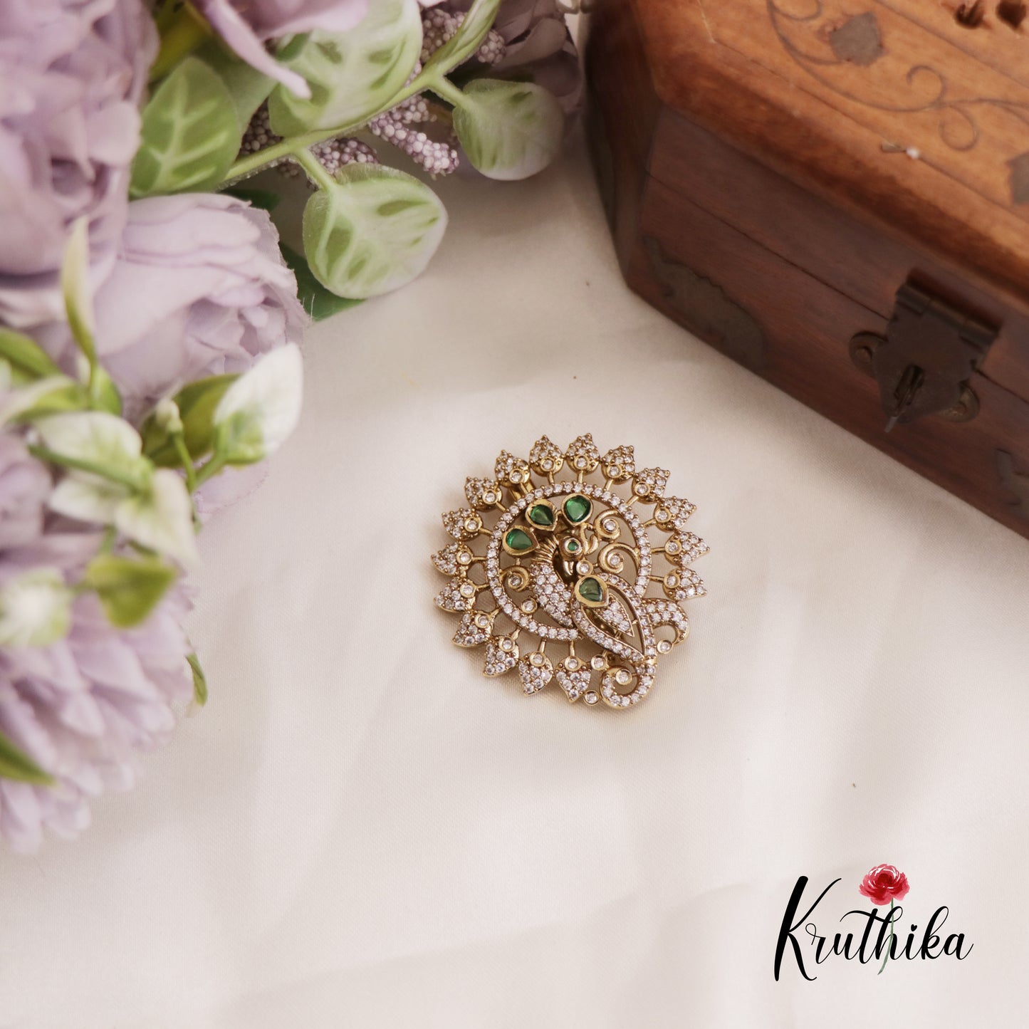 Classic CZ Peacock Leaf Motifs Saree Pin SP46 (Available In 2 Colors)