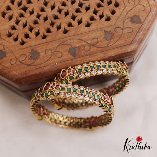 Stunning Lotus Geometric Jadau Bangles B373 (Set of 2 Bangles)|(Available In 2 Colors)