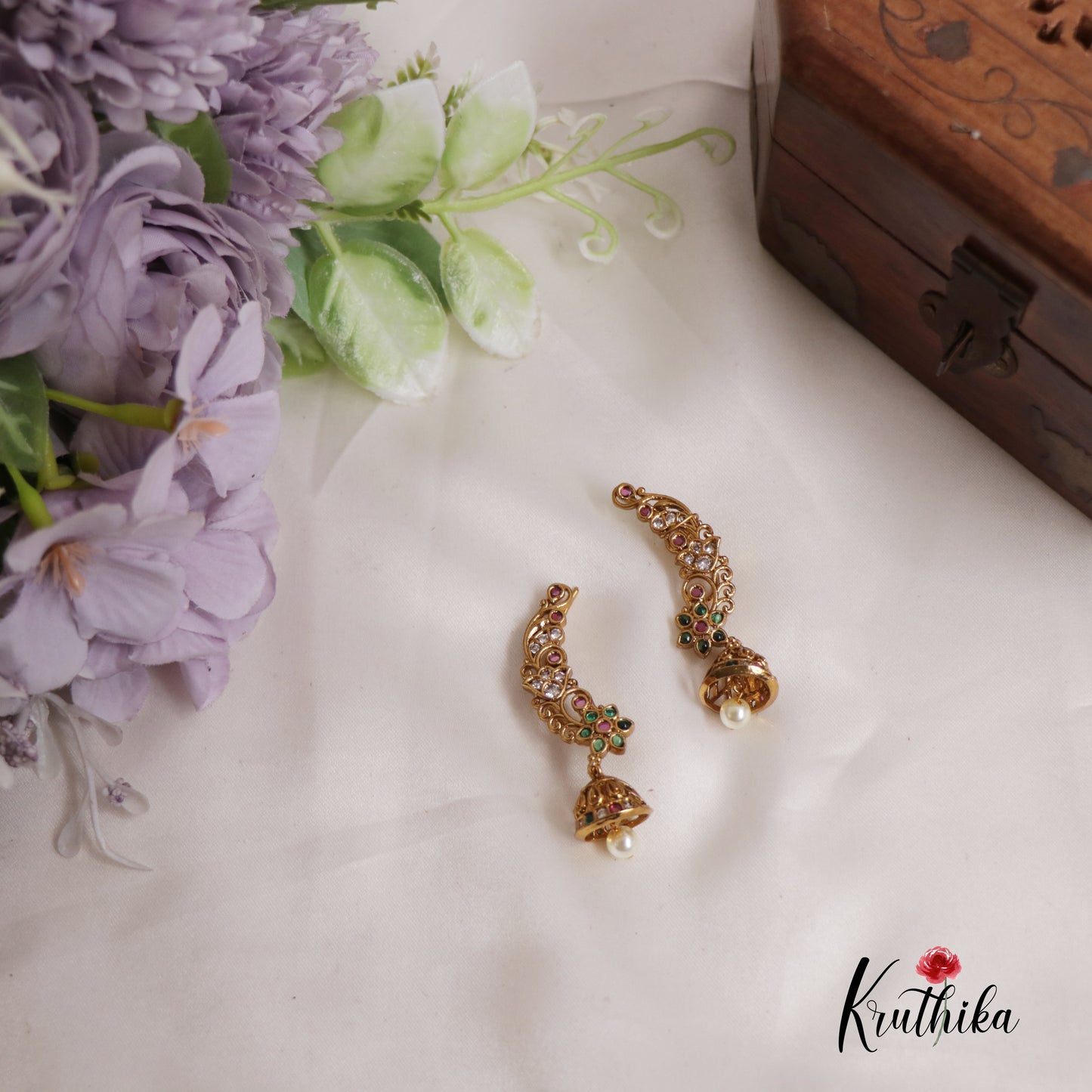 Gorgeous Floral Ear Climbers with Pearl Drop Jhumkas E777 (Available In 2 Colours)