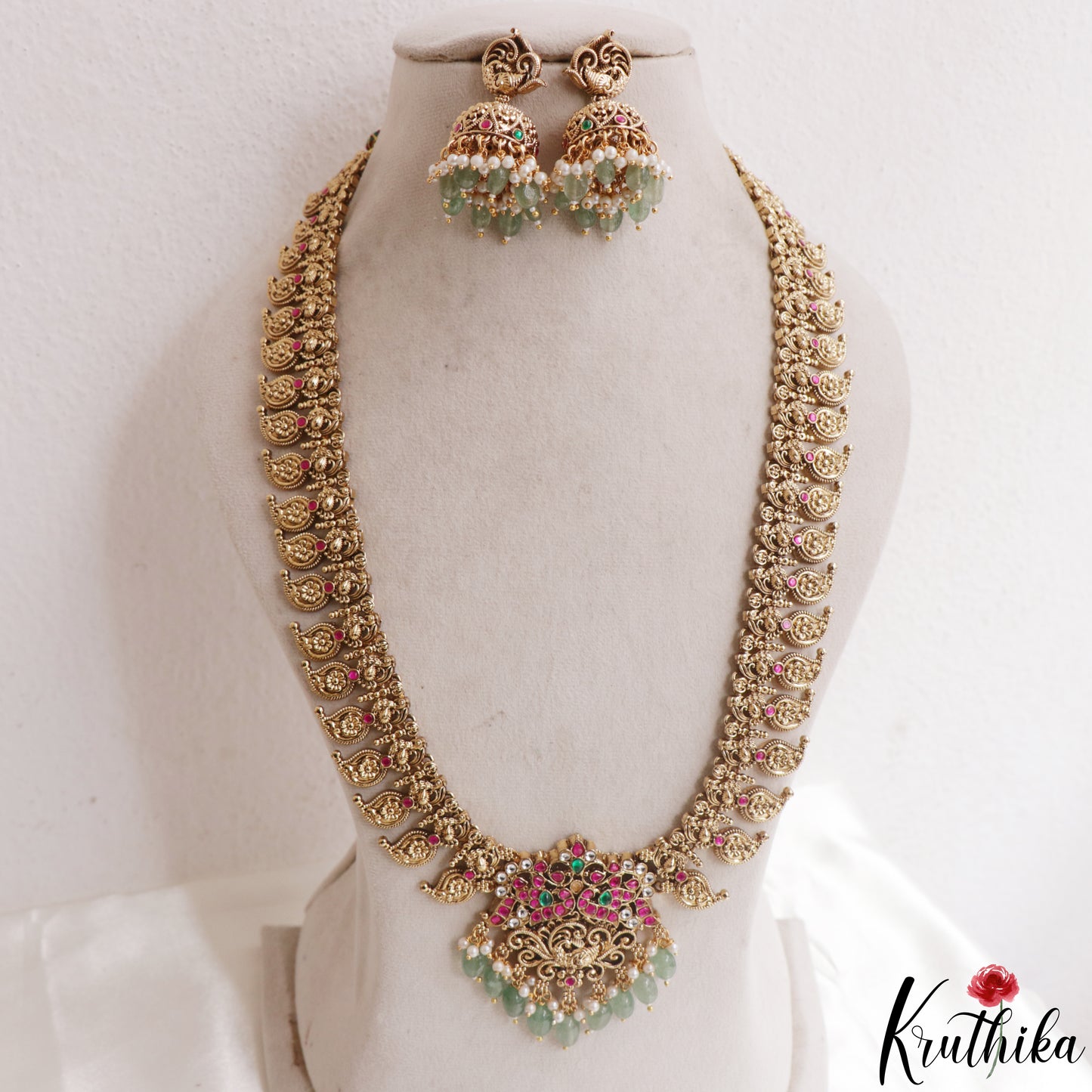 Traditional Antique Mango Peacock Motifs Jadau Haaram With Green Bead Drops LH2167