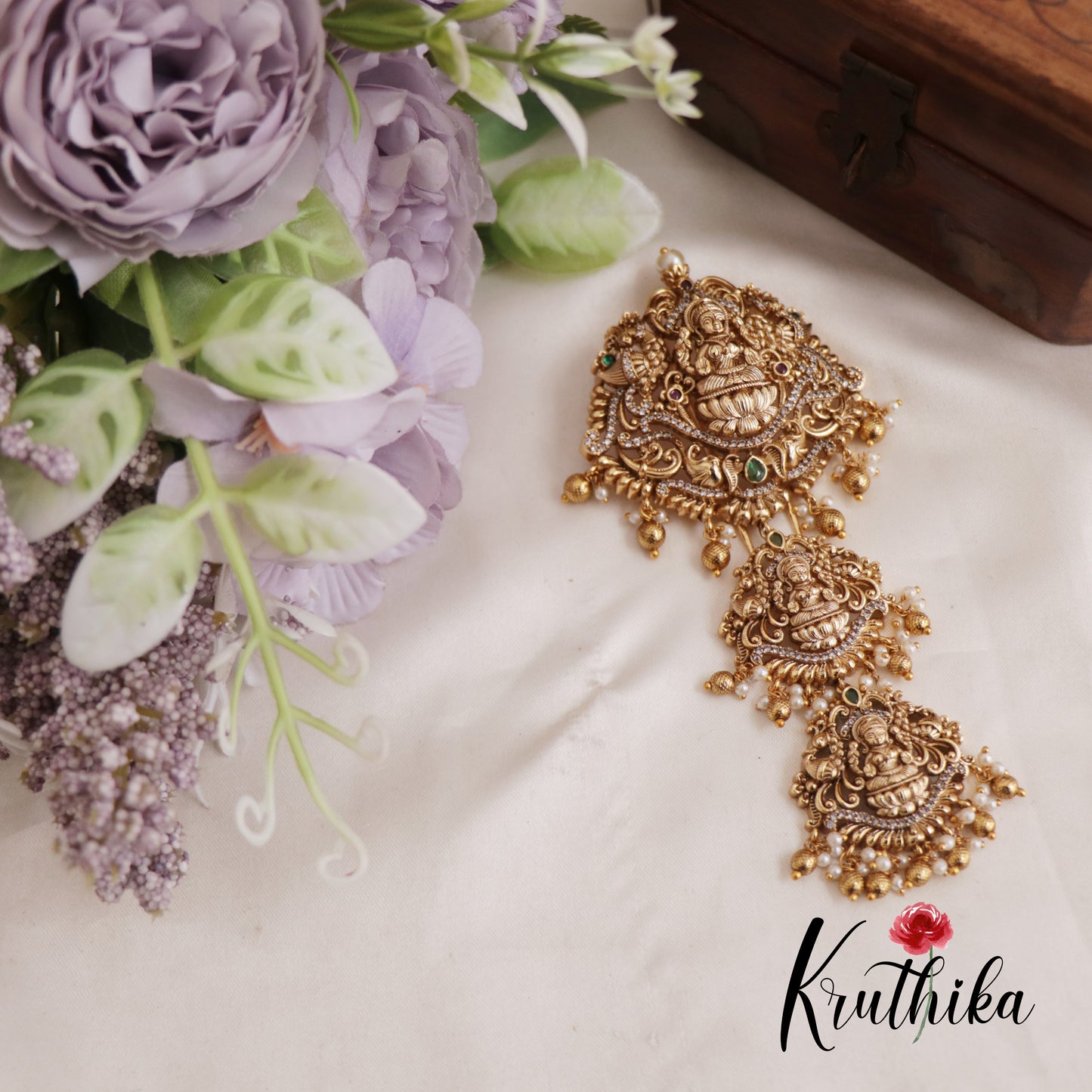 Premium Antique Lakshmi Motifs Jada Billa With Golden Bead And Pearl Drops J287