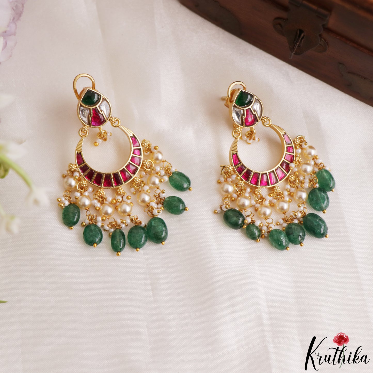 Trendy Teardrop Chandbali Jadau Earrings With Green Bead Drops E1220