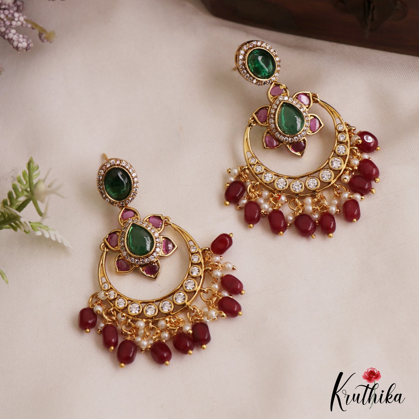 Trendy Floral Motifs Chandbali Earrings With Bead Drops E1093 (Available In 2 Colors)