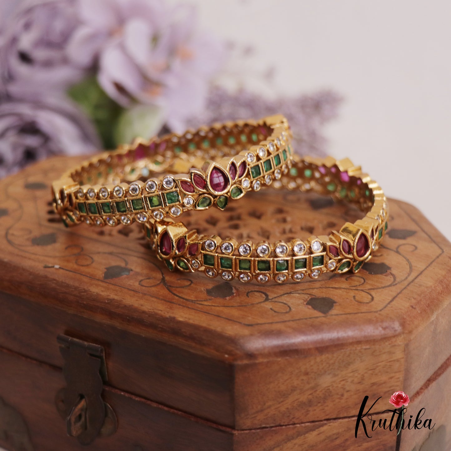 Stunning Lotus Geometric Jadau Bangles B373 (Set of 2 Bangles)|(Available In 2 Colors)