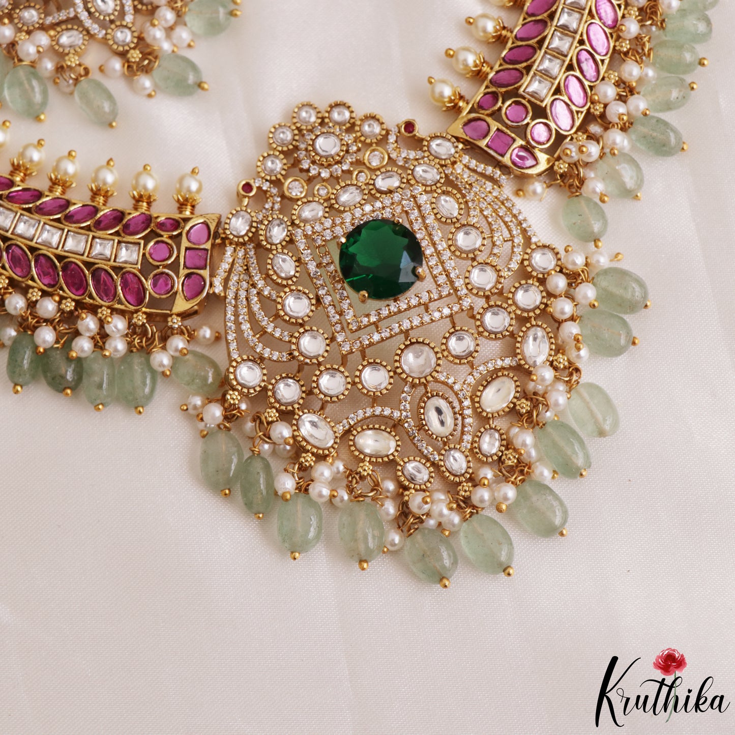 Gorgeous Geometric Peacock Motifs Polki Kemp Choker With Green Bead Drops NC3157