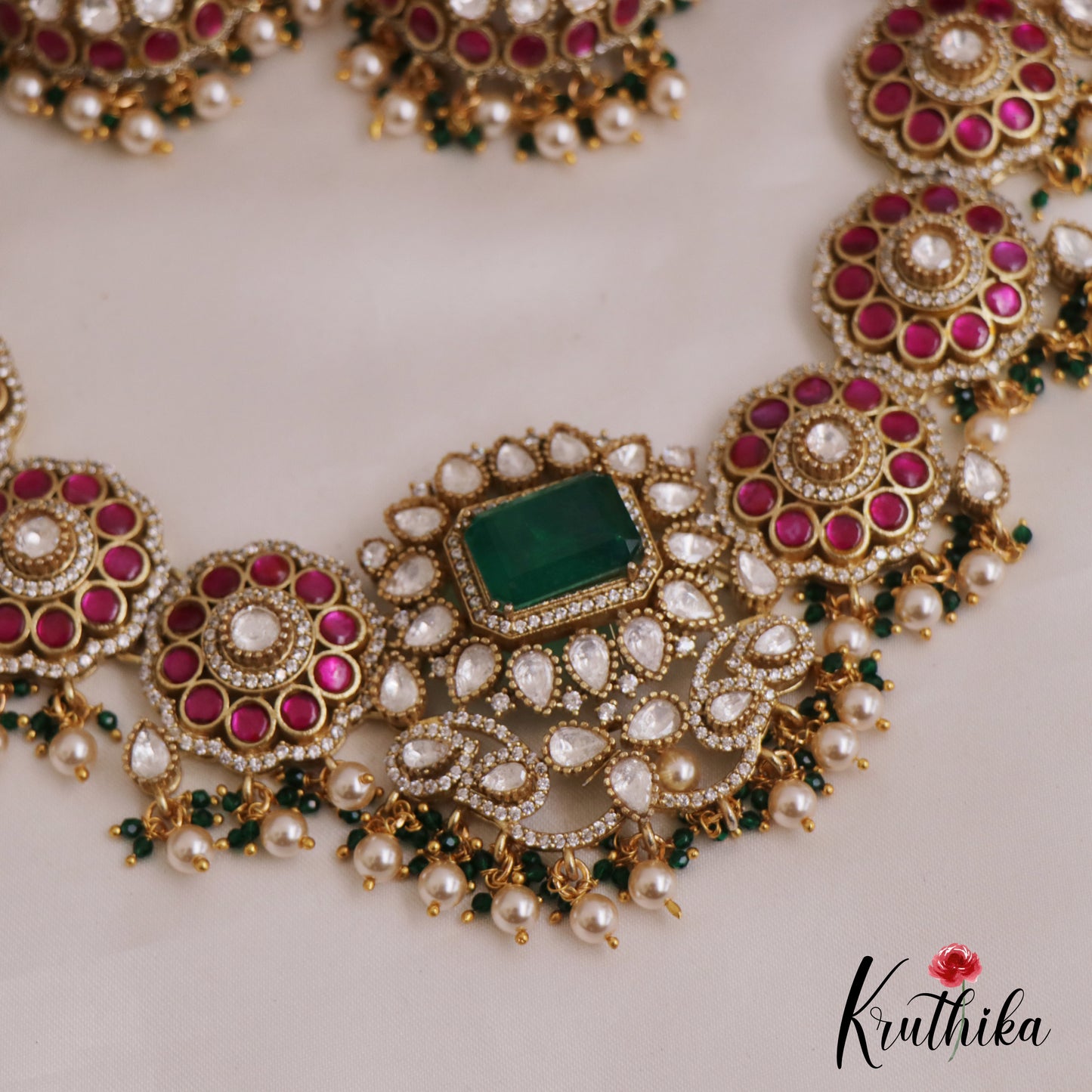Gorgeous Floral Motifs Moissanite Jadau Choker With Pearl Drops NC2728