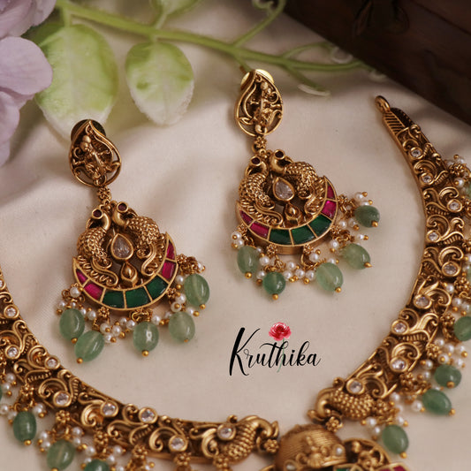 Premium Antique Lakshmi Nagas Jadau Necklace With Pastel Green Beads NC2554