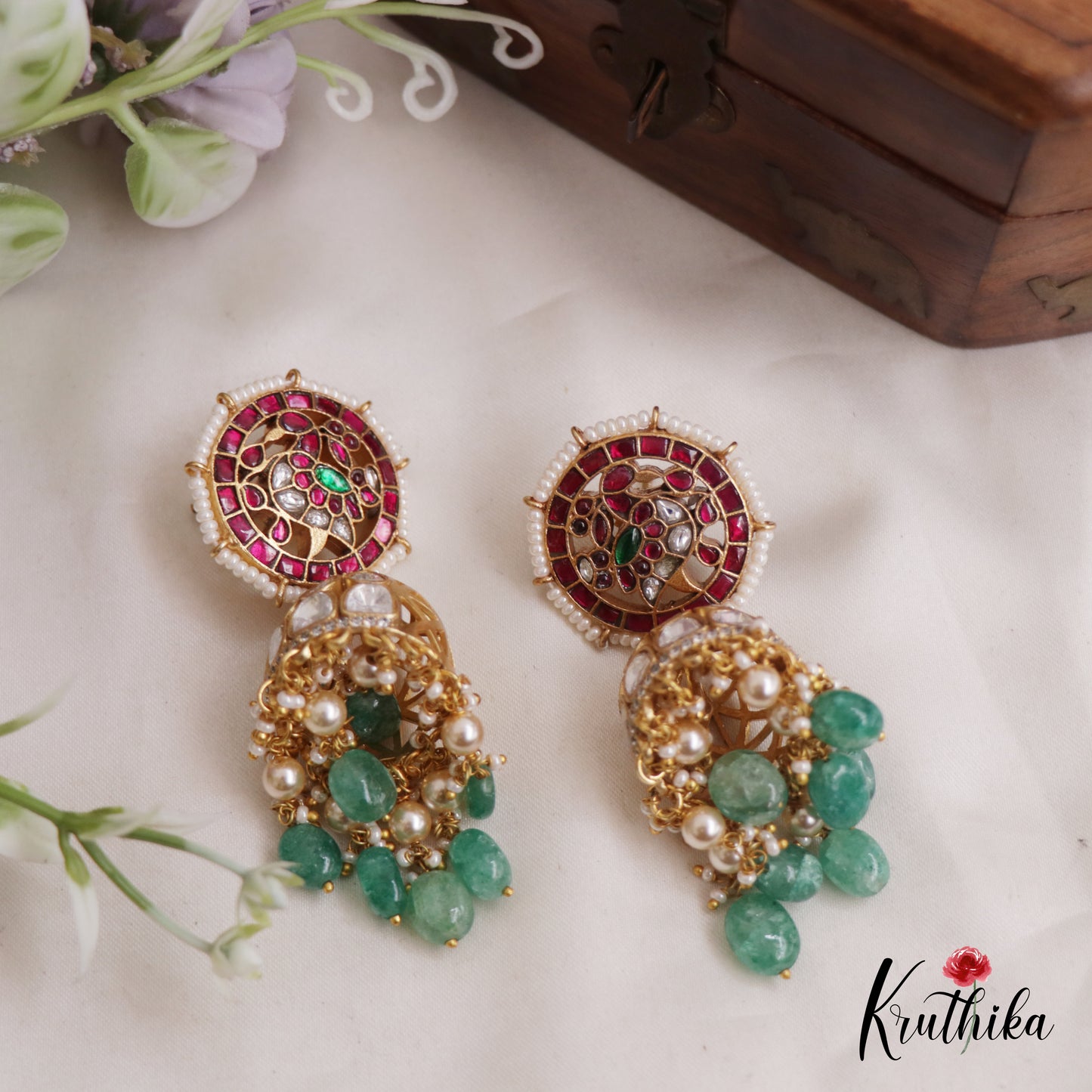 Traditional Peacock Motifs Jhumka Jadau Earrings With Pearl And Bead Drops E848