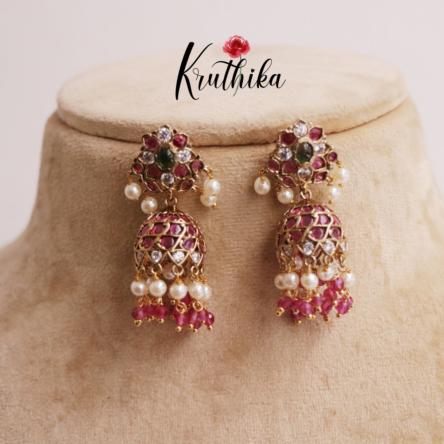 Simple Antique Finish Kemp Floral Jhumkas with Beads Drops E635 (Available in 2 Colors)