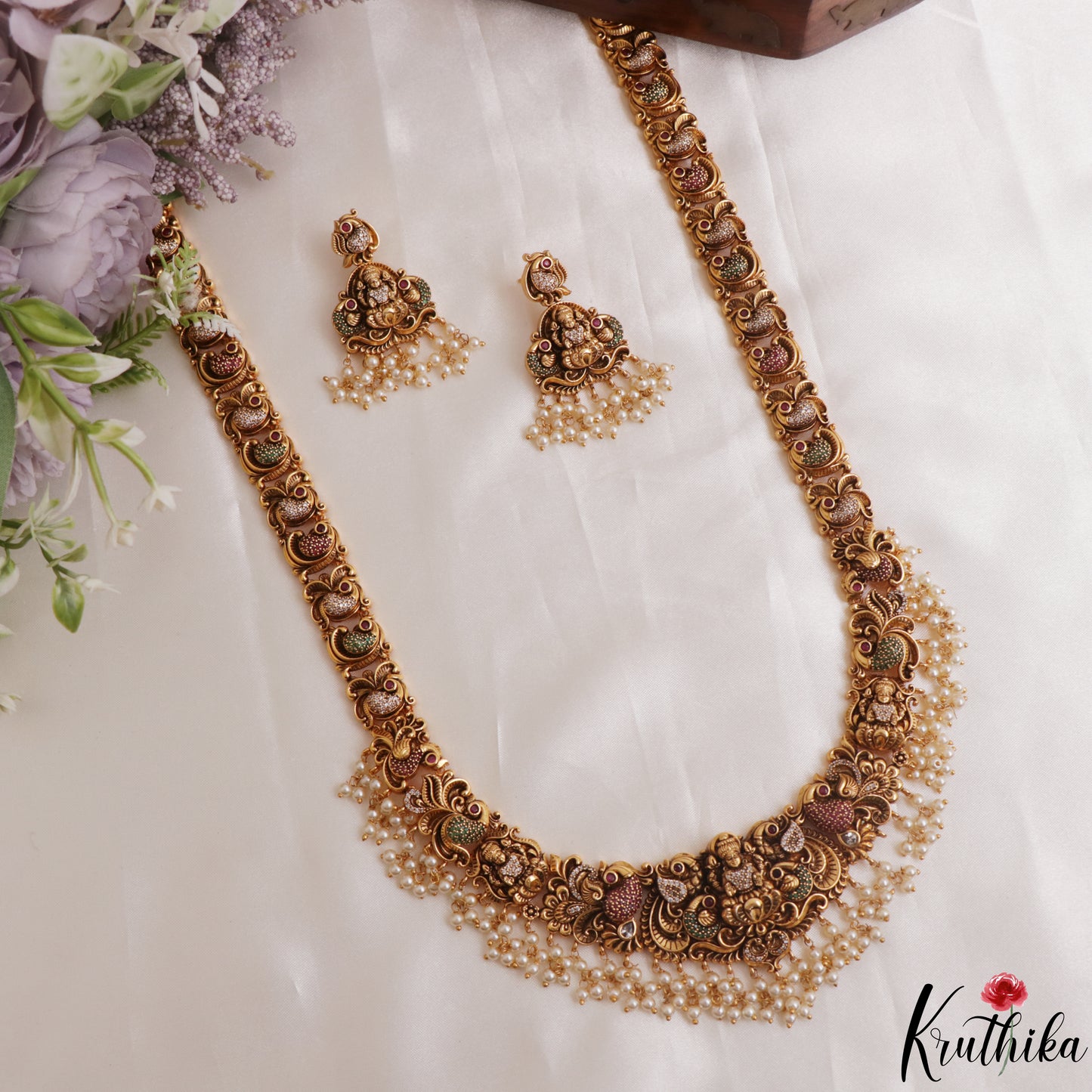 Premium Antique Lakshmi Peacock Motifs Temple Haaram With Pearl Drops LH2152