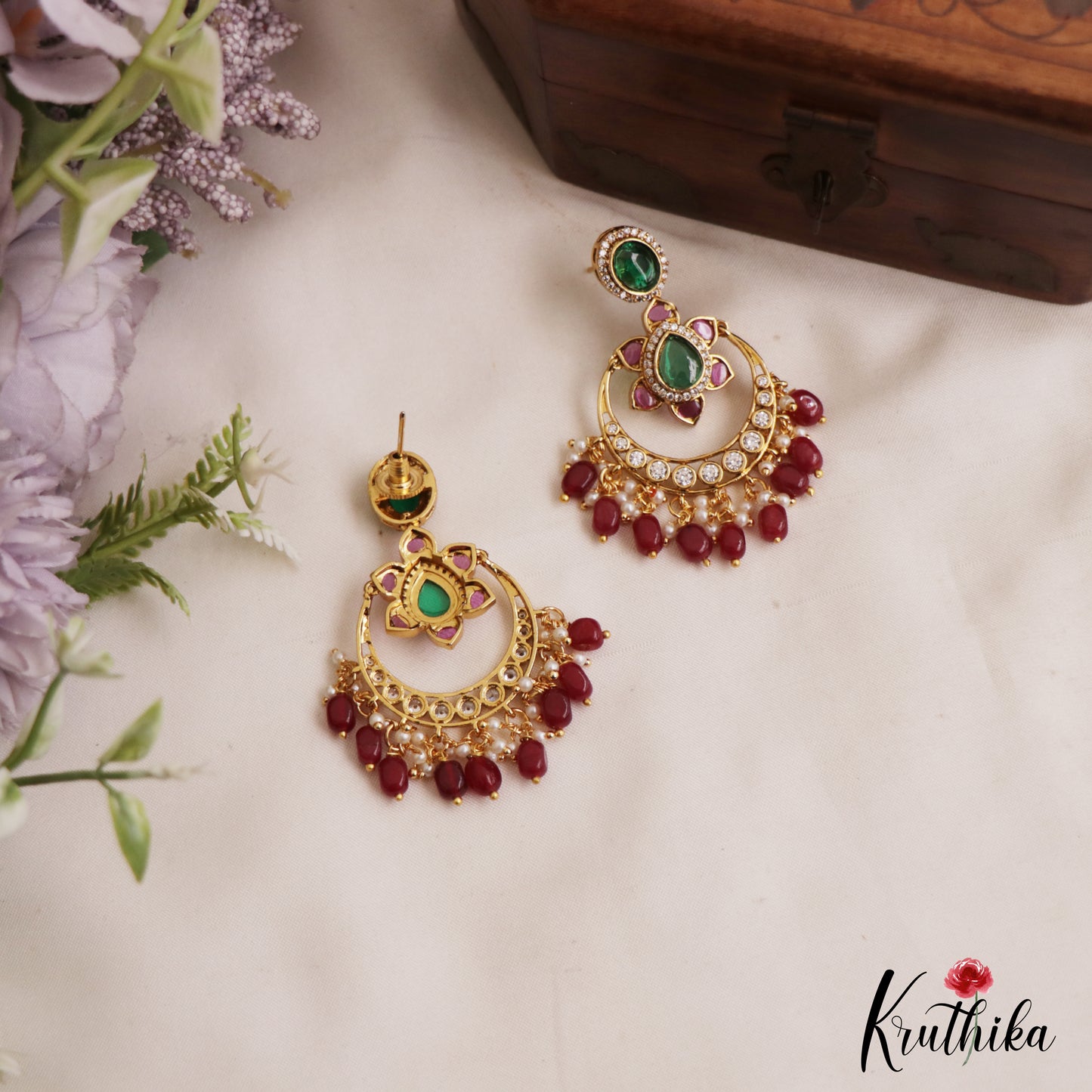 Trendy Floral Motifs Chandbali Earrings With Bead Drops E1093 (Available In 2 Colors)