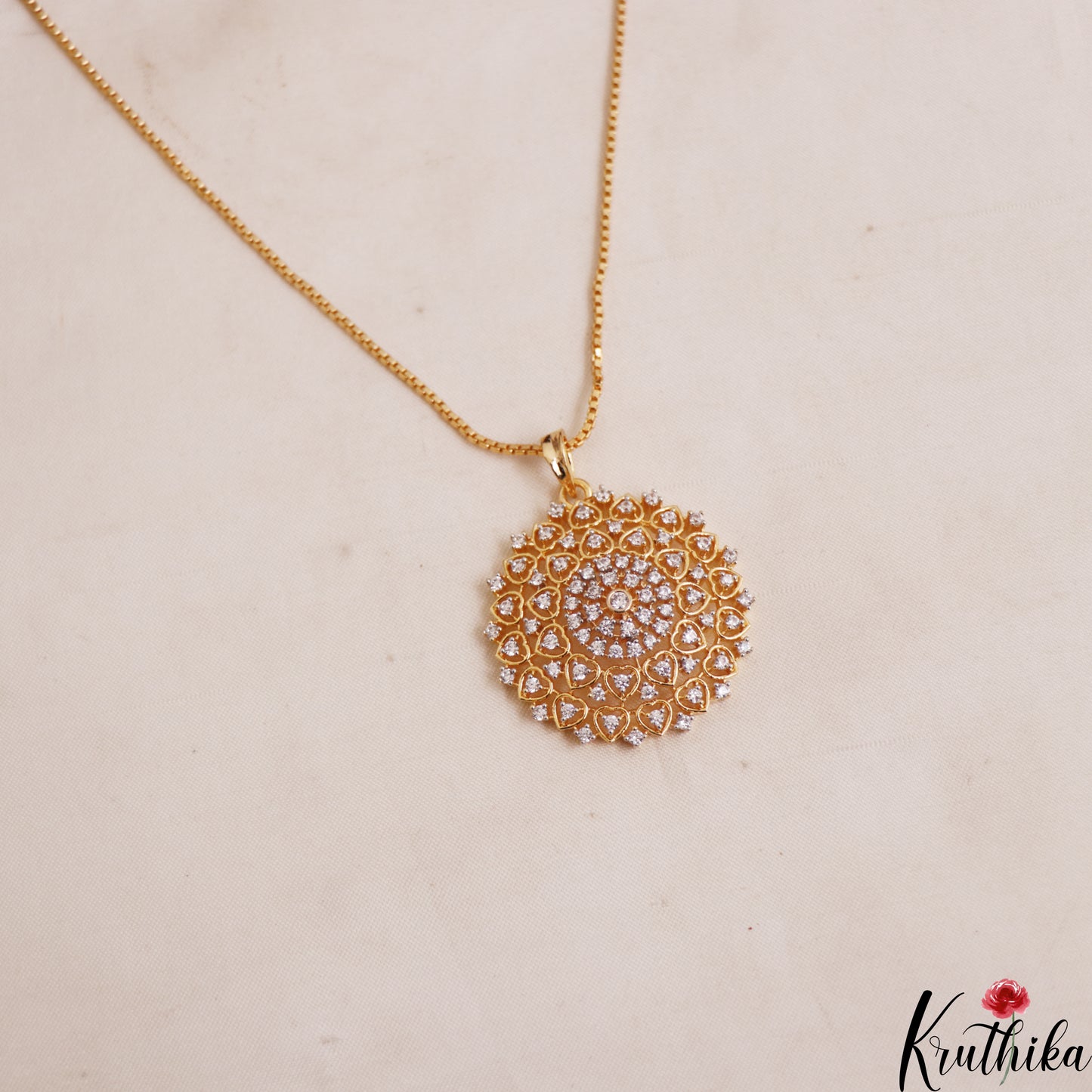 Beautiful AD Floral Motifs Gold-Tone Chain Pendant Set NC2933