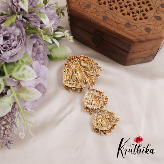 Premium Antique Lakshmi Motifs Jada Billa With Golden Bead And Pearl Drops J287