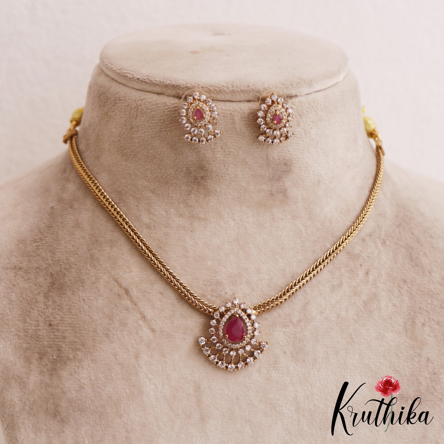 Pretty Teardrop Motifs AD Pendant Chain Set NC2808 (Available In 2 Colors)