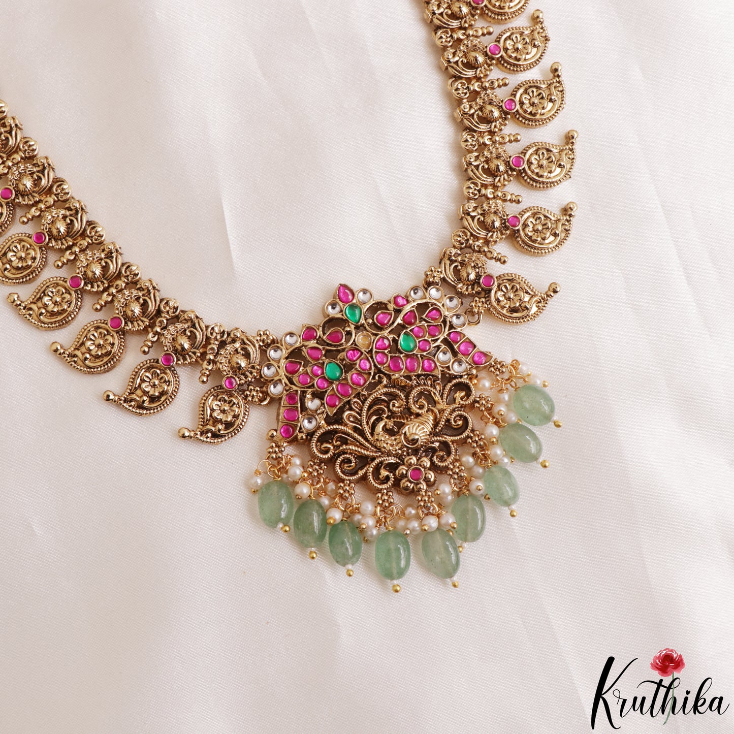 Traditional Antique Mango Peacock Motifs Jadau Haaram With Green Bead Drops LH2167