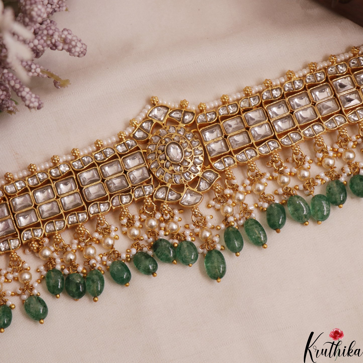 Stunning Floral Geometric Motif Jadau Choker With Pearl Bead Drops NC3009 (Available In 2 Colors)
