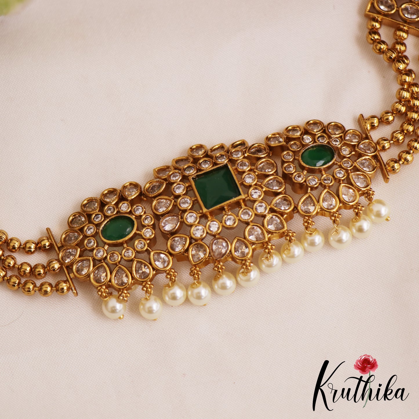 Elegant Floral Motifs AD Chocker With Triple Strand Bead Chains NC2809 (Available In 2 Colors)