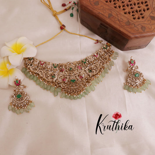 Elegant Victorian jadau choker with pastel green beads NC1954