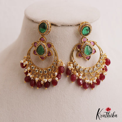 Trendy Floral Motifs Chandbali Earrings With Bead Drops E1093 (Available In 2 Colors)