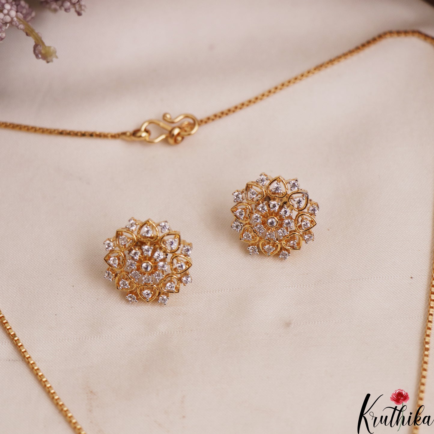 Beautiful AD Floral Motifs Gold-Tone Chain Pendant Set NC2933