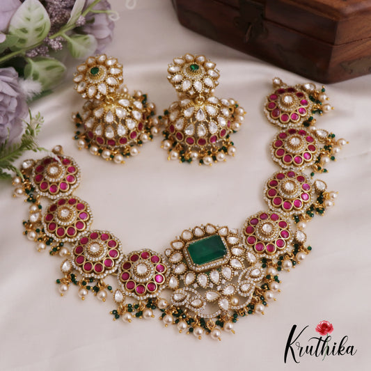 Gorgeous Floral Motifs Moissanite Jadau Choker With Pearl Drops NC2728
