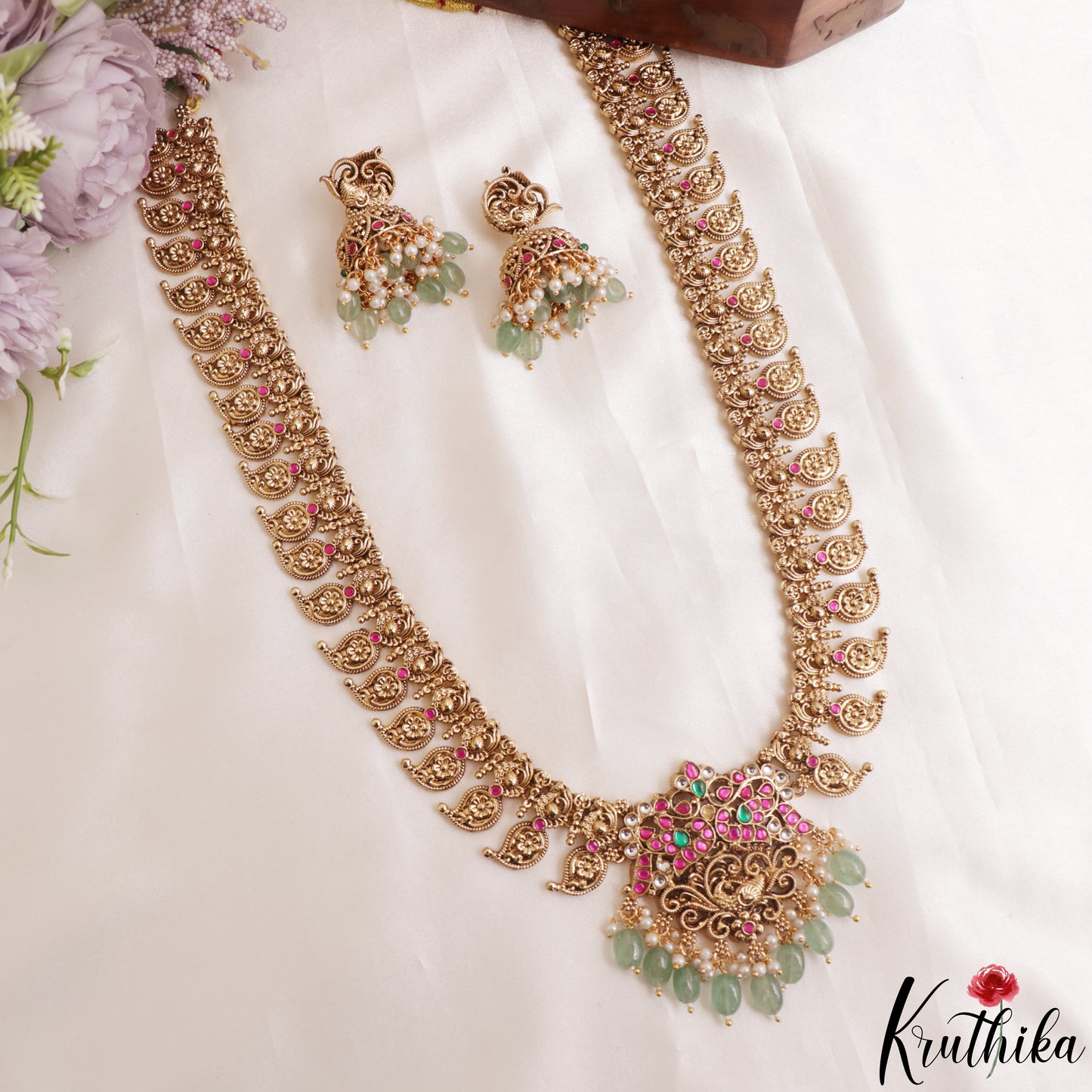 Traditional Antique Mango Peacock Motifs Jadau Haaram With Green Bead Drops LH2167