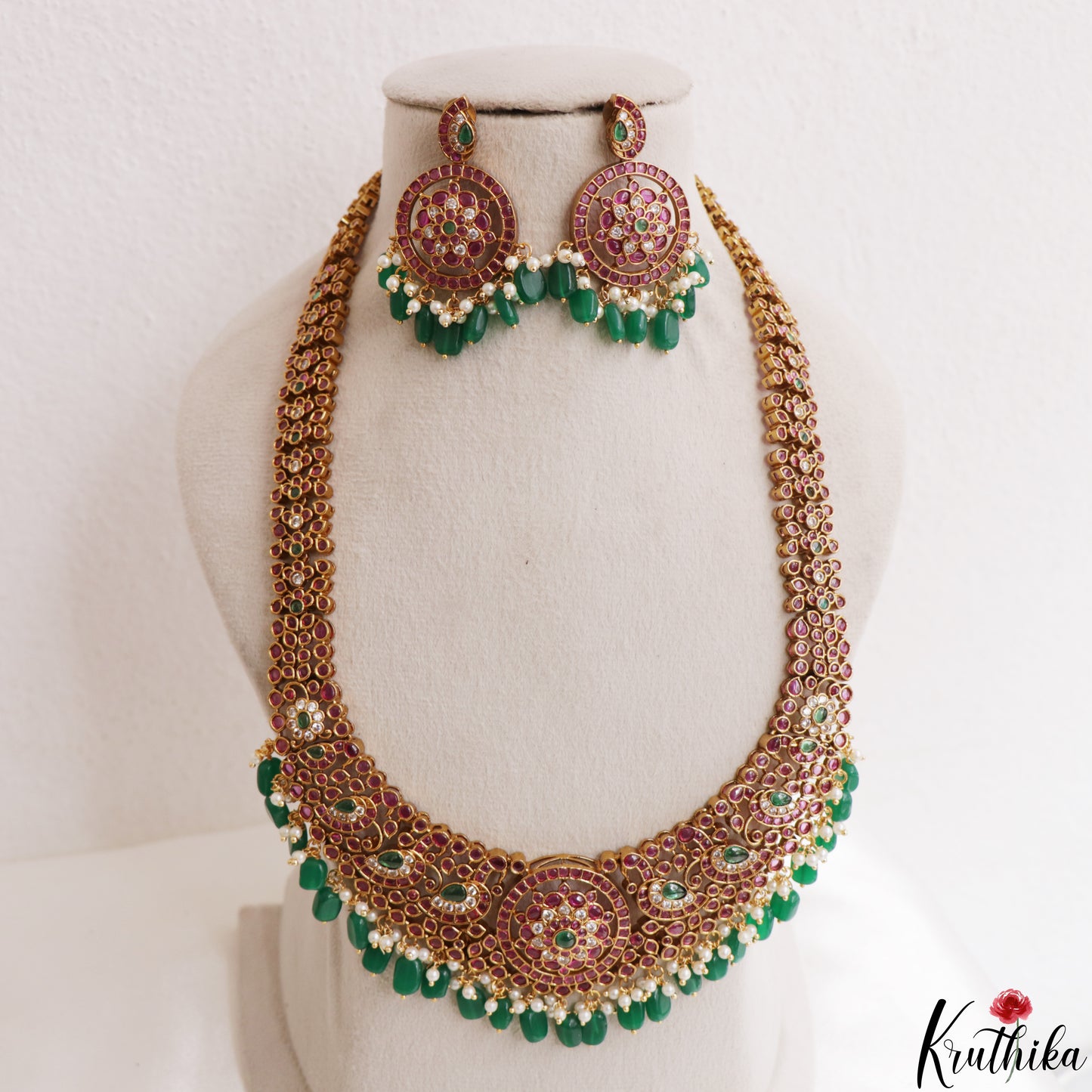 Stunning Peacock Floral Motifs Kemp Haaram With Green Bead Drops LH2189