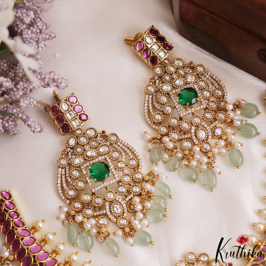 Gorgeous Geometric Peacock Motifs Polki Kemp Choker With Green Bead Drops NC3157