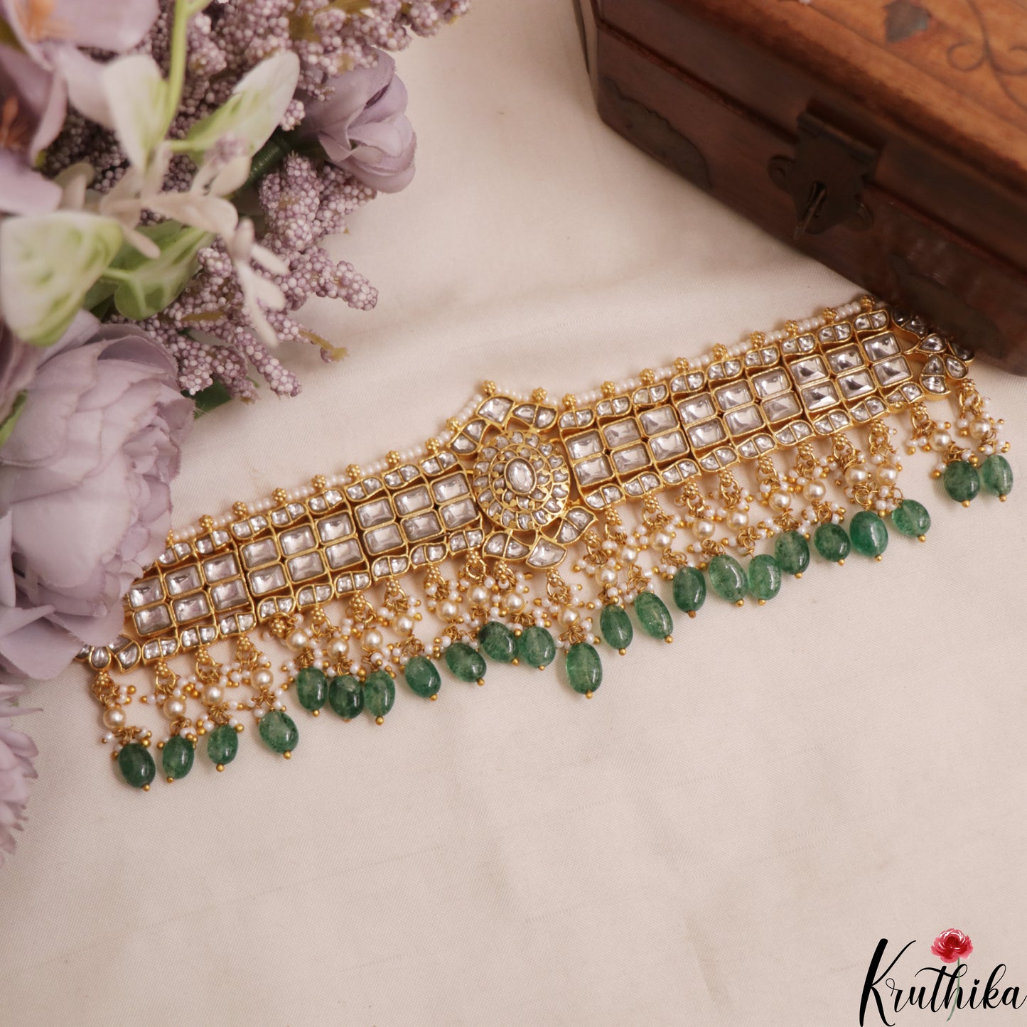 Stunning Floral Geometric Motif Jadau Choker With Pearl Bead Drops NC3009 (Available In 2 Colors)
