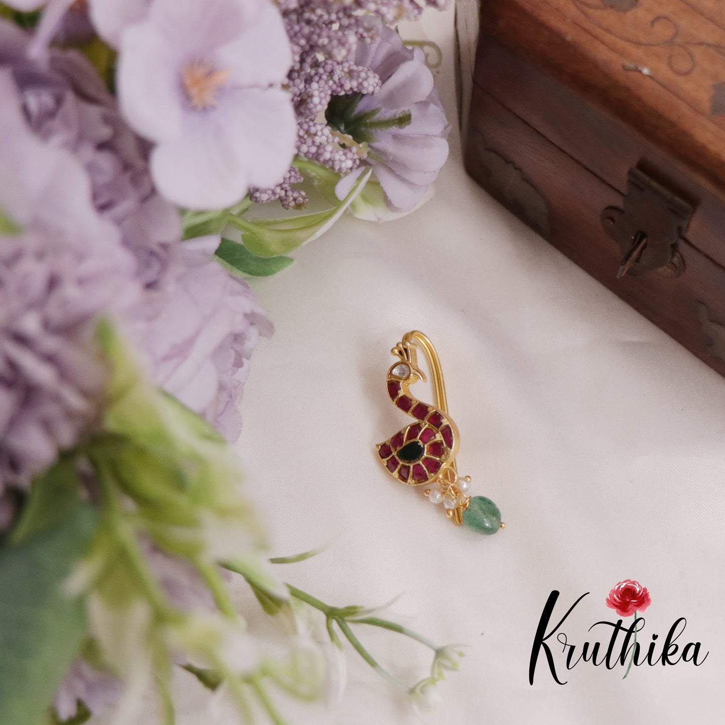 Simple Trendy Peacock Kundan Jadau Jada Billa with Green Beads Drops J236