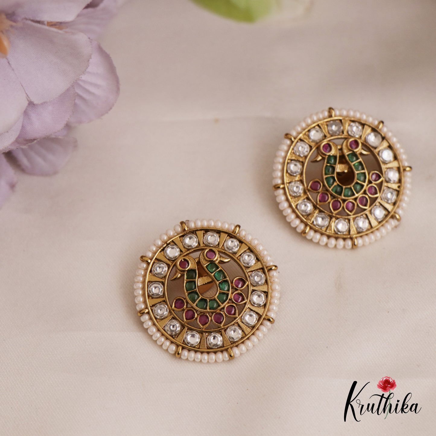 Elegant Pearl Border Peacock Motifs Stud Earrings E955