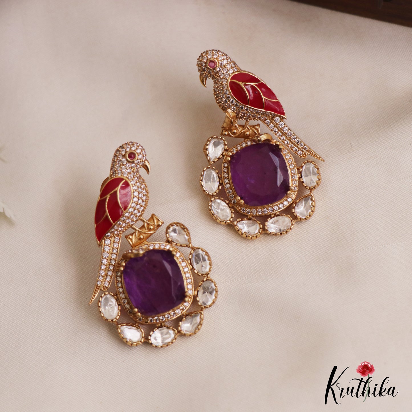 Gorgeous Parrot Motif Polki Victorian Stud Earrings E1099 (Available In 5 Colors)