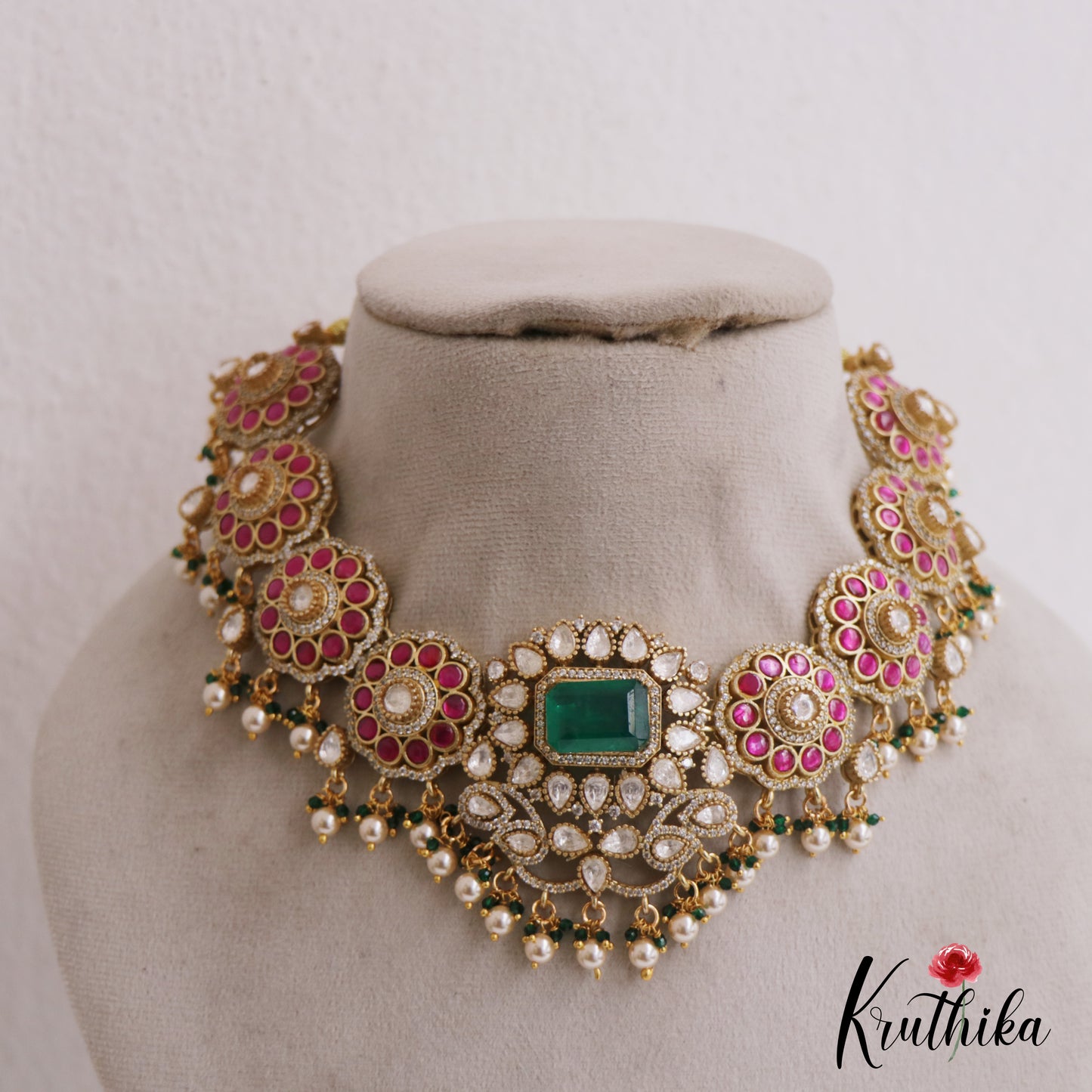 Gorgeous Floral Motifs Moissanite Jadau Choker With Pearl Drops NC2728