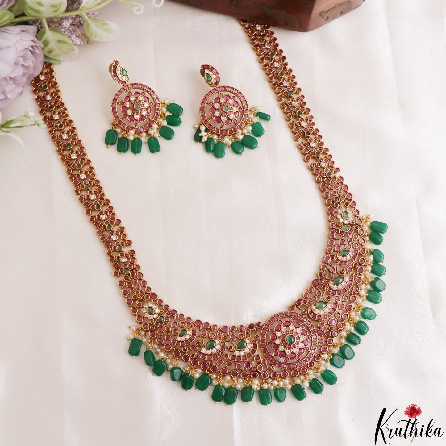 Stunning Peacock Floral Motifs Kemp Haaram With Green Bead Drops LH2189